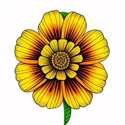 a yellow flower with green leaves is on a white background,a large flower with yellow petals is shown on the white background,a yellow flower with green leaves on the stem,a big yellow flower with green leaves,the yellow flower is in full bloom