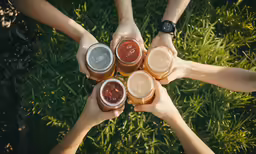 six people holding their arms around each other with their beers in their hand