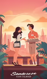 an image of two people eating cake on a city balcony