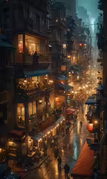 a street at night with cars, people and lamps lit up