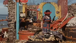 a woman is dressed in an elaborate dress and hat, while she stands next to some barrels