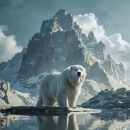 a polar bear standing in the water near mountains