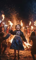 a girl with fire in the background and a crowd of kids around her