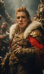 a man in armor looks off into the distance while standing next to a group of soldiers