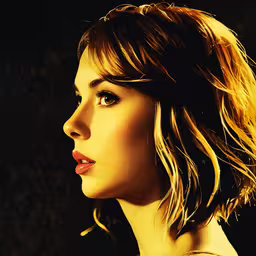 a very pretty young lady with some piercings,a woman with her hair swept back and red lips, has a light show in the background