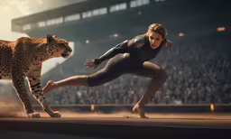 a woman is running in front of two cheetah