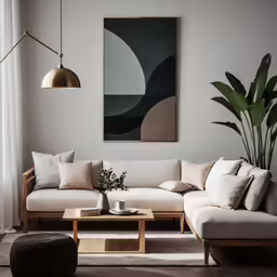a living room scene with a couch and two tables