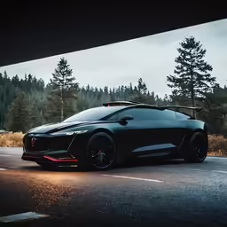 a black sports car parked at a street under a bridge