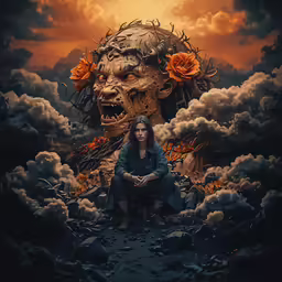 there is a woman sitting in the middle of the storm