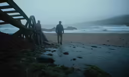 two men standing in the rain next to the beach