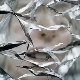 a young girl is shown through the branches of trees