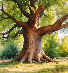 the trunk and limbs of a large, majestic tree,a giant tree with lots of trees in the background