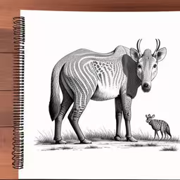 a black and white drawing of a zebra with a baby animal,a drawing of an elephant with stripes on its body and a calf next to it