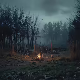 a small fire in a field near some trees