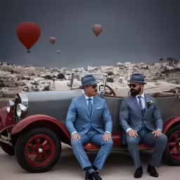 two men sit side by side in suits next to an antique car