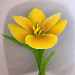 this is an image of a flower painted on the paper,a drawing of a yellow flower with green leaves
