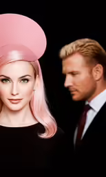 a woman and man are wearing a pink hat