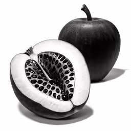 an apple and kiwi cut in half, one is black