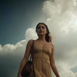 a woman in a yellow dress walks and looks away