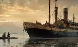 two men in small boat with big ship behind them