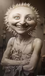 a creepy doll with big eyes and large, shaggy hair