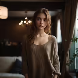 the woman in the beige sweater is staring at the camera