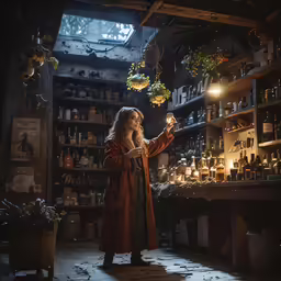 the woman in the shop is holding an oil lamp