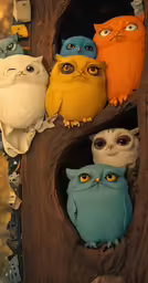 a group of owl figurines that are perched on some branches