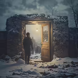 the person stands in front of a big door