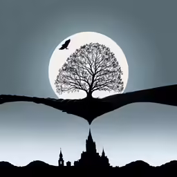 the tree of life with a bird and building across the way