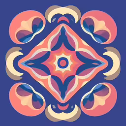 a colorful print in a blue background with a light orange circle,a colorful image of some flowers on a blue background
