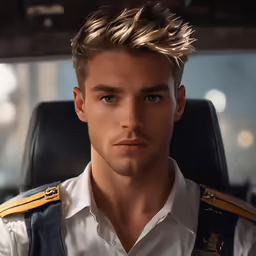 a man with blond hair and blue eyes posing in uniform