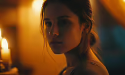 woman in front of a lighted candle looking up at the camera