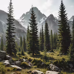 mountains and trees can be seen from a rocky trail