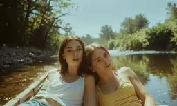 two women sitting in a boat together on the water