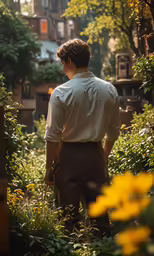 a man is standing by some trees and flowers
