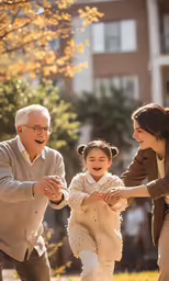 an older man, young girl and an elderly gentleman are dancing on the grass