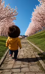 a small child walks down a brick path through blossoming trees