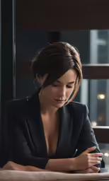 a woman leaning on a table next to a window