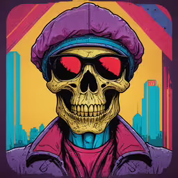 a skull wearing sunglasses and hat standing in front of an urban city,a skull wearing sunglasses and a purple hat