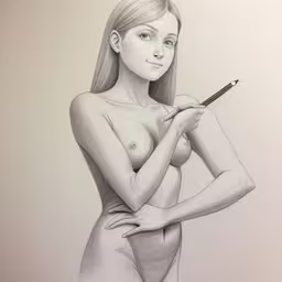 the drawing shows a naked woman with a pencil in her hand,a pencil drawing of a woman using her cell phone