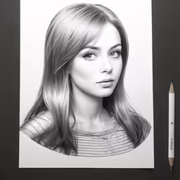 a pencil drawing of a girl on white paper with a pencil next to it