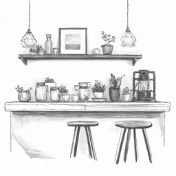 there are three stools next to the table with pots