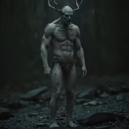 a creepy looking man in the middle of a forest