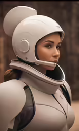 the woman is wearing headphones and a robotic suit