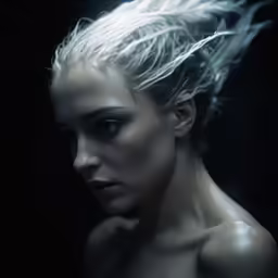 a woman with white hair and blue eyes