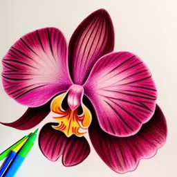 a painting of a purple flower with two markers,this is a drawing of a flower and a pen