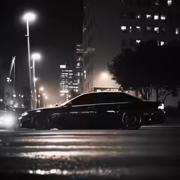 a pair of cars are driving down the street at night