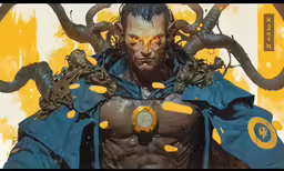 an art print of a demonic looking man surrounded by demon like items