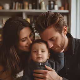a couple cuddling close to their baby boy while they look at his phone